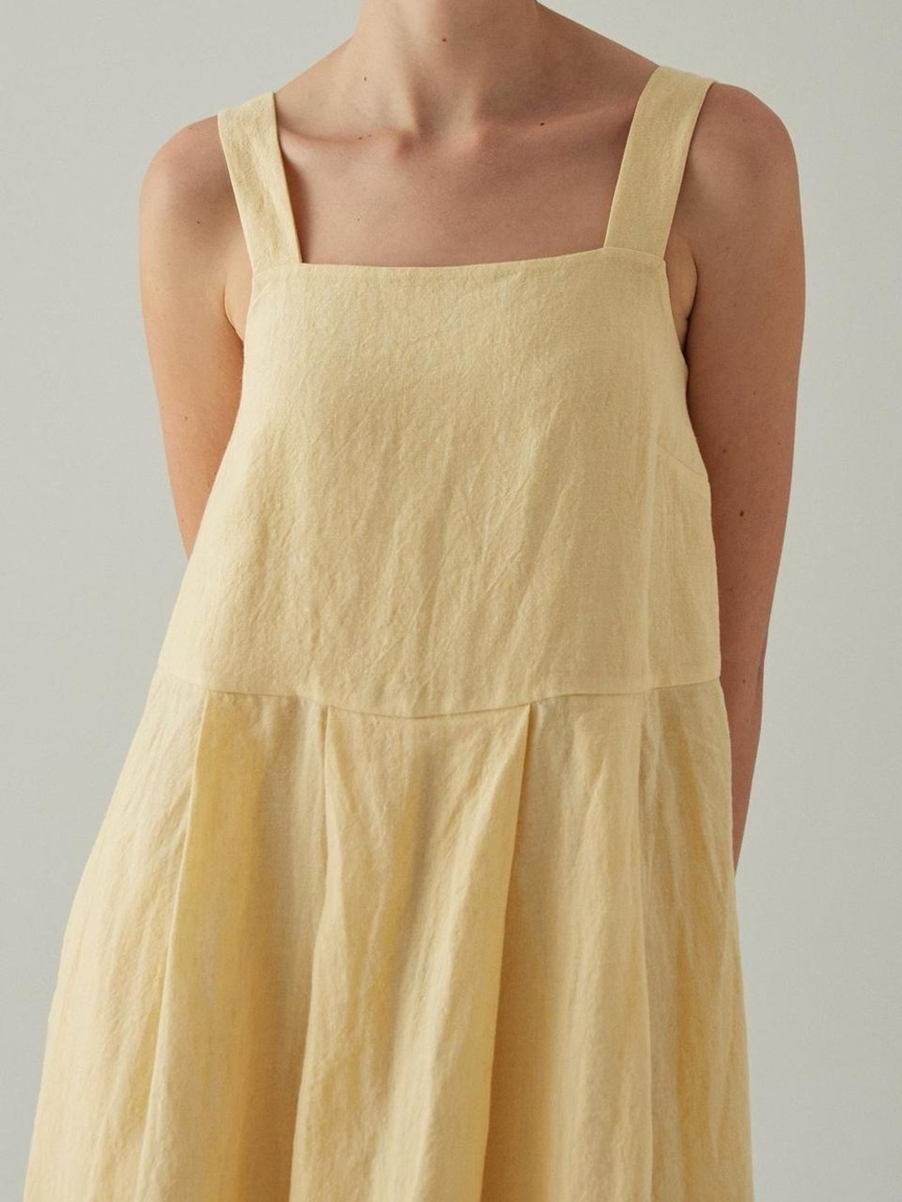 Sleeveless Midi Dress in Soft Pale Yellow - Square Neck